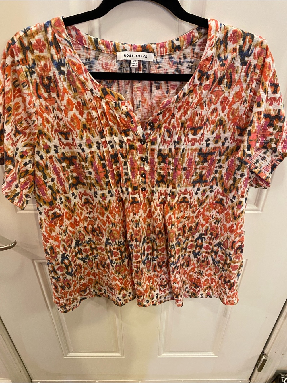 Rose & Olive Multicolor Short-Sleeve Printed Blouse — Orange, Pink & Green